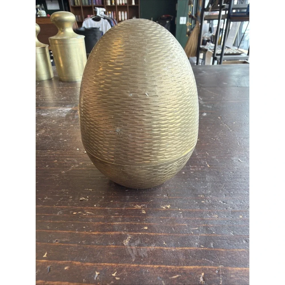 Vintage Solid Brass Freestanding Etched Egg Trinket Box